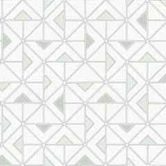 The Jekyl Triangles Wallpaper by York Wallcoverings features a modern, symmetrical design with interlocking triangles and lines in light gray and subtle pastel shades on a white background.