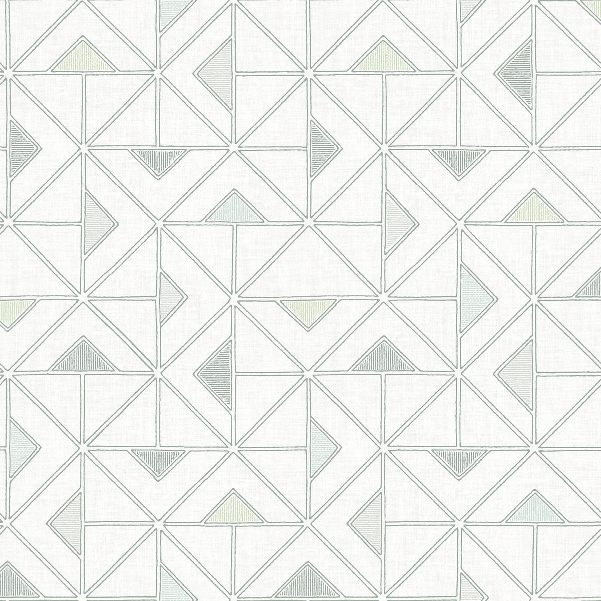 The Jekyl Triangles Wallpaper by York Wallcoverings features a modern, symmetrical, and minimalistic design with overlapping triangles and diamond shapes in light gray and pale green on a white background.