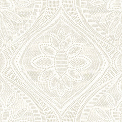 The Scout Floral Ogee Wallpaper by York Wallcoverings features a beige and white textured pattern with symmetrical floral and leaf designs, created from small dotted and dashed lines for a decorative, ornamental effect.