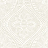 The York Wallcoverings Scout Floral Ogee Wallpaper features a beige and white abstract floral pattern with a central flower motif, accented by dotted and curved lines for a textured, symmetrical, and decorative design.