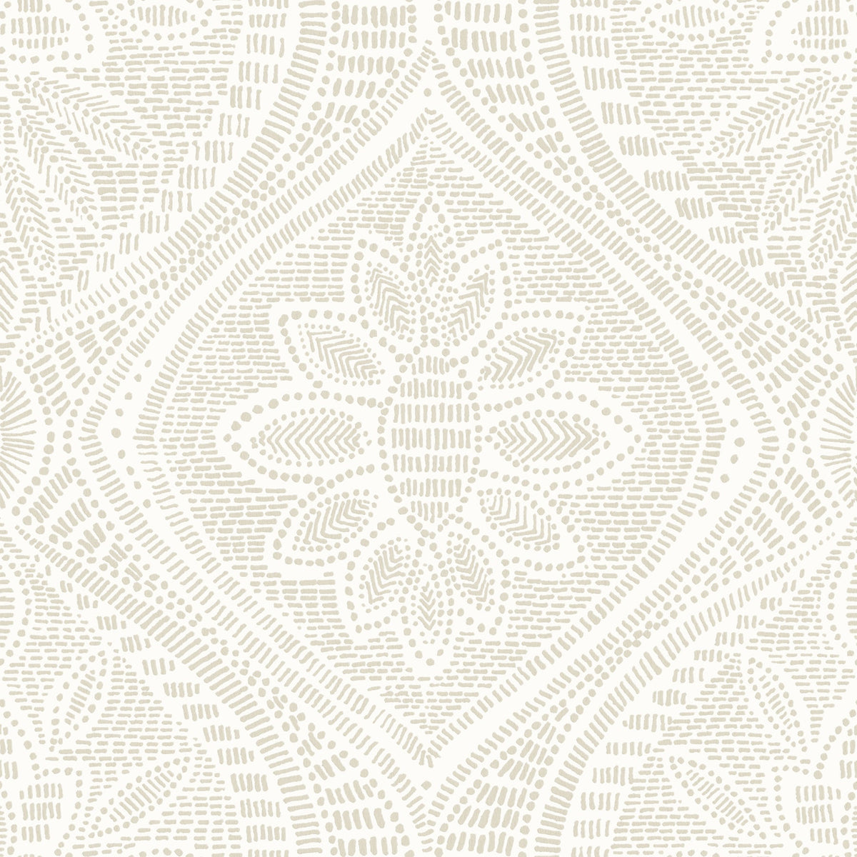 The York Wallcoverings Scout Floral Ogee Wallpaper features a beige and white abstract floral pattern with a central flower motif, accented by dotted and curved lines for a textured, symmetrical, and decorative design.