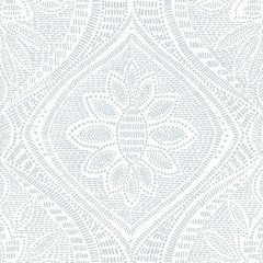 The Scout Floral Ogee Wallpaper by York Wallcoverings features a light gray and white floral geometric pattern, highlighted by a central flower motif framed with dotted and curved lines for a textured, symmetrical design.