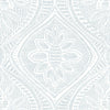 The Scout Floral Ogee Wallpaper by York Wallcoverings features a gray and white geometric floral pattern with a central flower motif, surrounded by intricate lines and dots for a textured, symmetrical design.