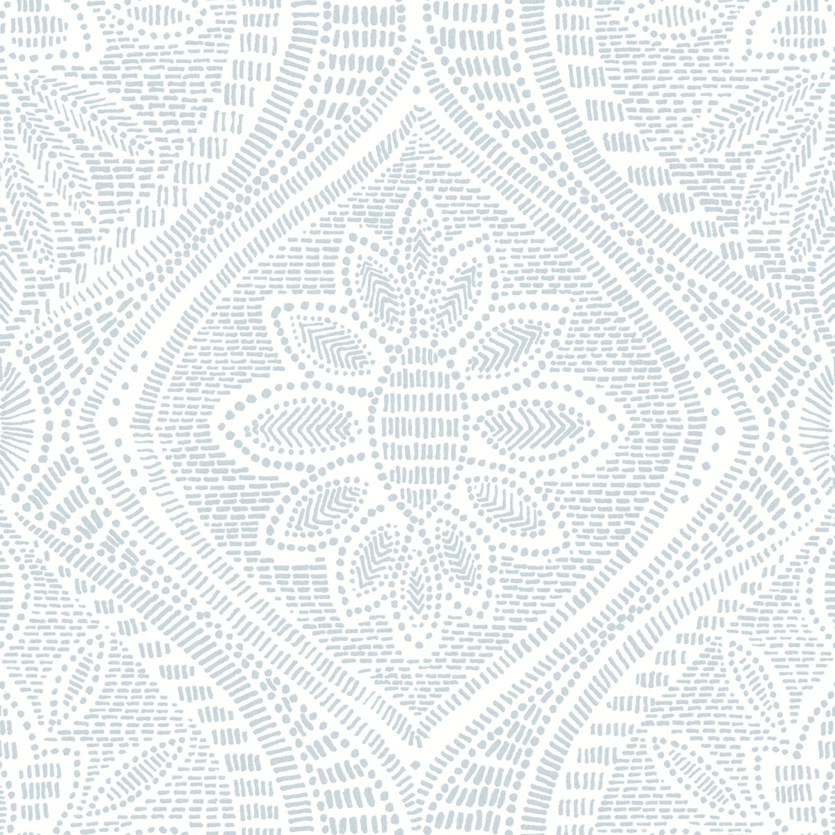 The Scout Floral Ogee Wallpaper by York Wallcoverings features a gray and white geometric floral pattern with a central flower motif, surrounded by intricate lines and dots for a textured, symmetrical design.