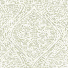Scout Floral Ogee Wallpaper by York Wallcoverings features a beige and white pattern with a central floral motif, surrounded by curved lines and dotted textures that create symmetrical, abstract shapes in a tile-like arrangement.
