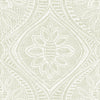 Scout Floral Ogee Wallpaper by York Wallcoverings features a light green, intricate geometric and floral pattern on a white background, highlighted by a central flower-like motif surrounded by graceful curved and dotted lines. The symmetrical design repeats seamlessly for a continuous decorative effect.