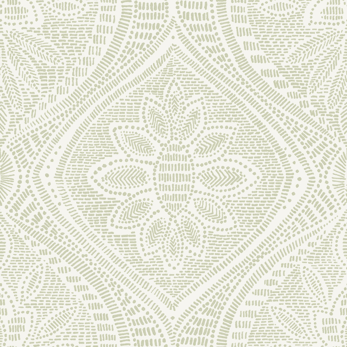 Scout Floral Ogee Wallpaper by York Wallcoverings features a light green, intricate geometric and floral pattern on a white background, highlighted by a central flower-like motif surrounded by graceful curved and dotted lines. The symmetrical design repeats seamlessly for a continuous decorative effect.