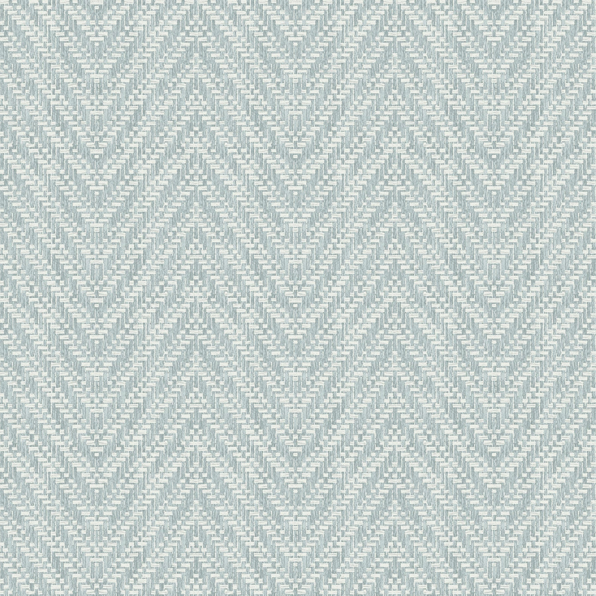 Introducing the Glynn Chevron Wallpaper by York Wallcoverings, featuring a light blue and white zigzag chevron pattern with a woven, textile-inspired texture that creates a repeating geometric design across your walls.