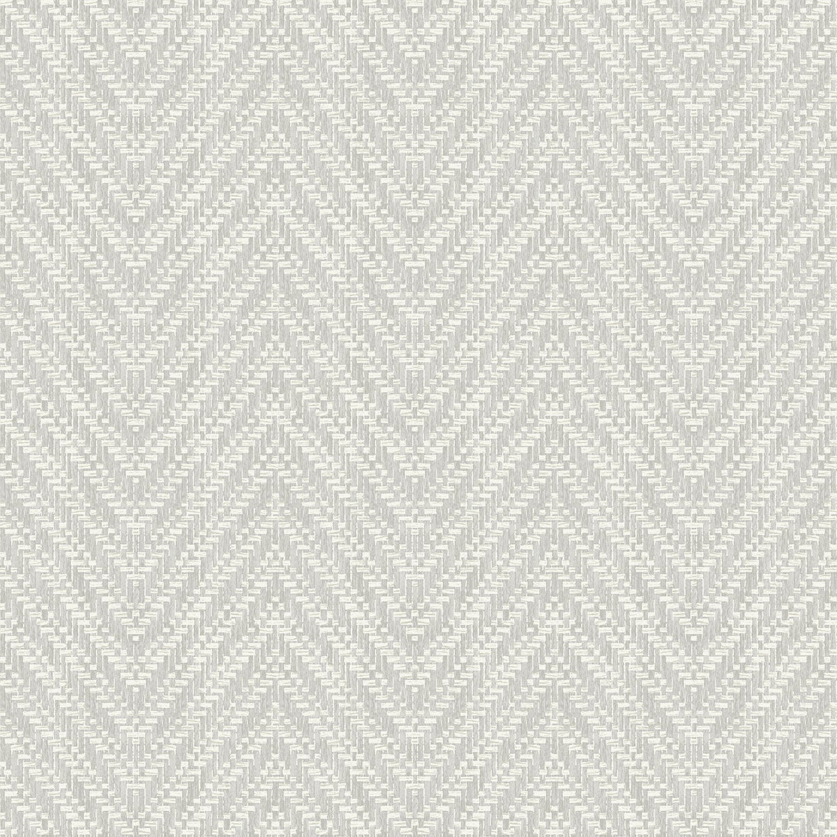 The Glynn Chevron Wallpaper by York Wallcoverings features a symmetrical and repetitive gray and white herringbone pattern with a woven, textured appearance that creates a striking zigzag effect across its surface.