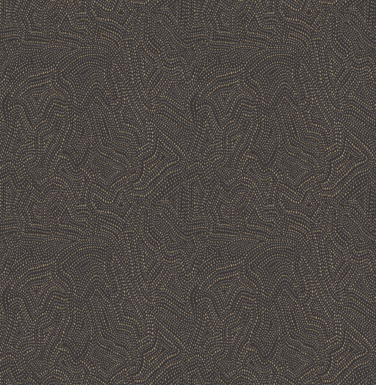 The Hollenback Dotted Abstract Wallpaper by York Wallcoverings features a dense pattern of small gold, white, and gray dots that form wavy, maze-like lines across a dark background, creating an abstract, textured look with repeating geometric shapes and intricate detail.
