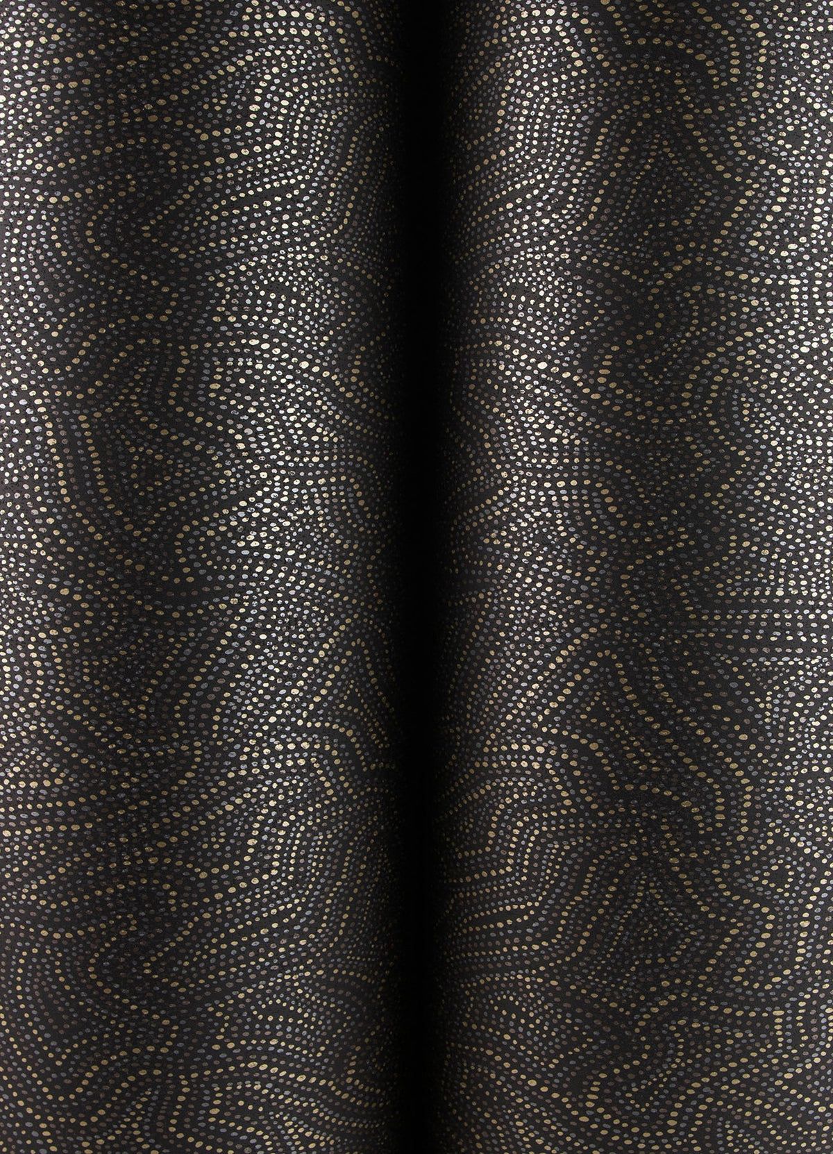 Hollenback Dotted Abstract Wallpaper by York Wallcoverings features a dark background adorned with an intricate pattern of small gold dots that create winding, maze-like lines and curves, giving the wallpaper a textured appearance. The design drapes in soft, vertical folds for an elegant effect.