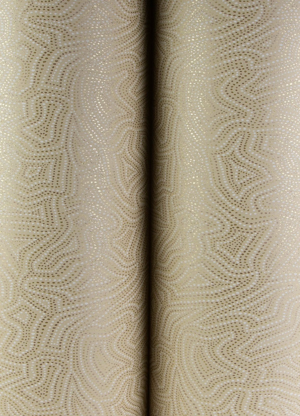 Close-up of the Hollenback Dotted Abstract Wallpaper by York Wallcoverings, featuring beige fabric with a wavy, abstract dotted pattern that creates a textured, symmetrical appearance where two panels meet at the center.