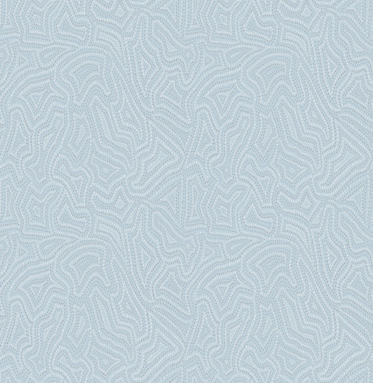 The Hollenback Dotted Abstract Wallpaper by York Wallcoverings features a light blue background adorned with an intricate, maze-like pattern of wavy, dotted lines that form abstract organic shapes. The symmetrical design creates a subtle textured effect, making it an ideal choice for wallpaper or fabric applications.