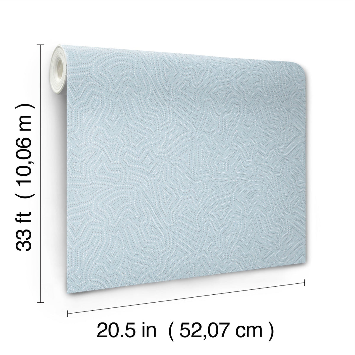 The Hollenback Dotted Abstract Wallpaper by York Wallcoverings is shown in light blue with a textured finish, featuring labeled dimensions of 33 feet (10.06 meters) in length and 20.5 inches (52.07 cm) in width.