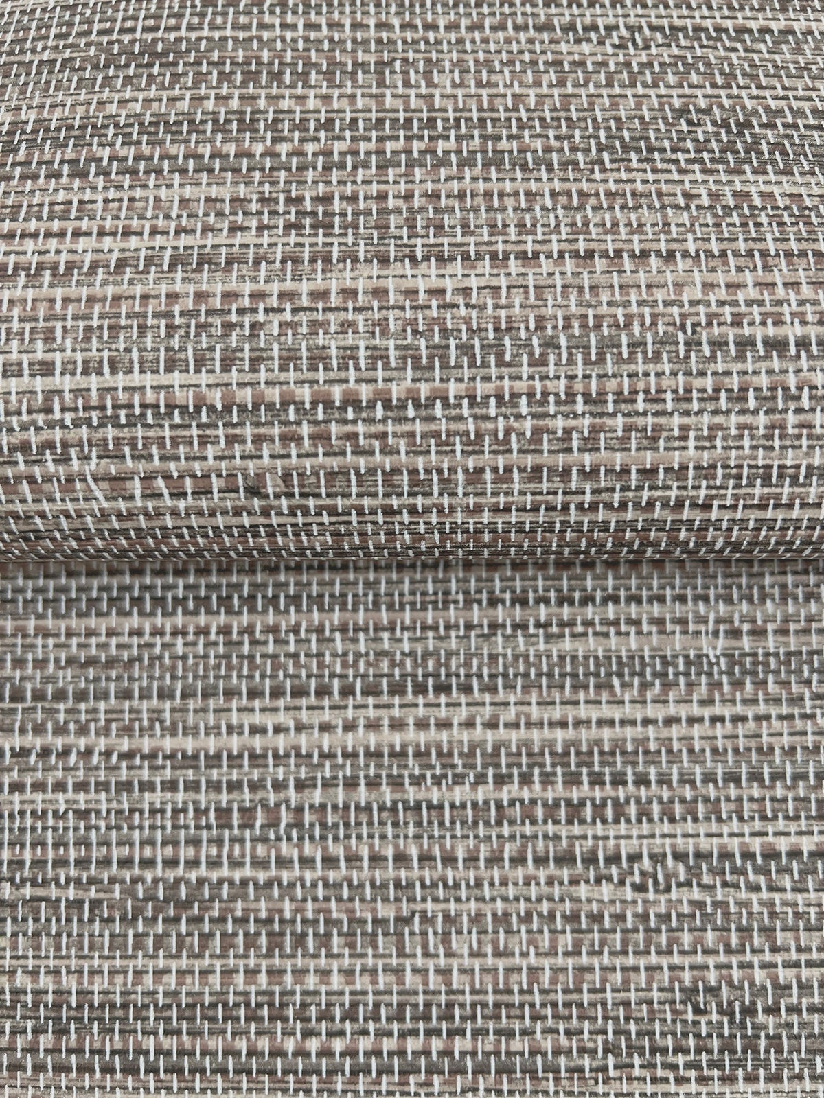 Winn Faux Grasscloth Wallpaper by York Wallcoverings featuring a woven, cross-hatched texture in shades of brown and white.
