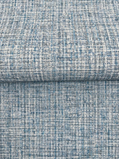 Clarkson Woven Wallpaper featuring a textured, cross-hatched pattern in shades of blue, grey, and white.