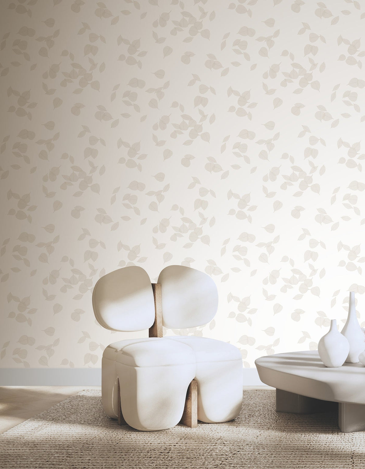 Myles Leaves Wallpaper featuring a light-colored, repeating pattern of scattered leaves.