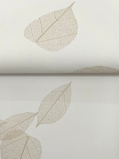 Myles Leaves Wallpaper features a pattern of beige skeletonized leaves on an off-white background.