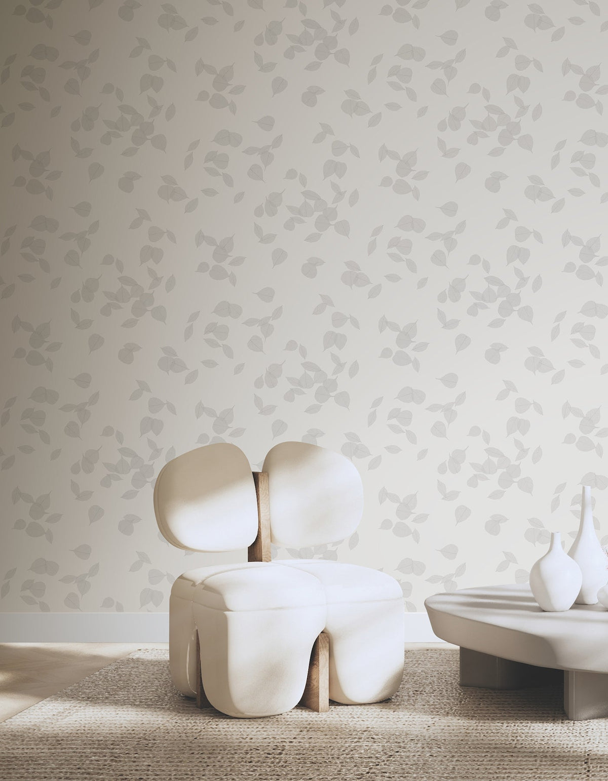Myles Leaves Wallpaper featuring a repeating pattern of light gray scattered leaves.