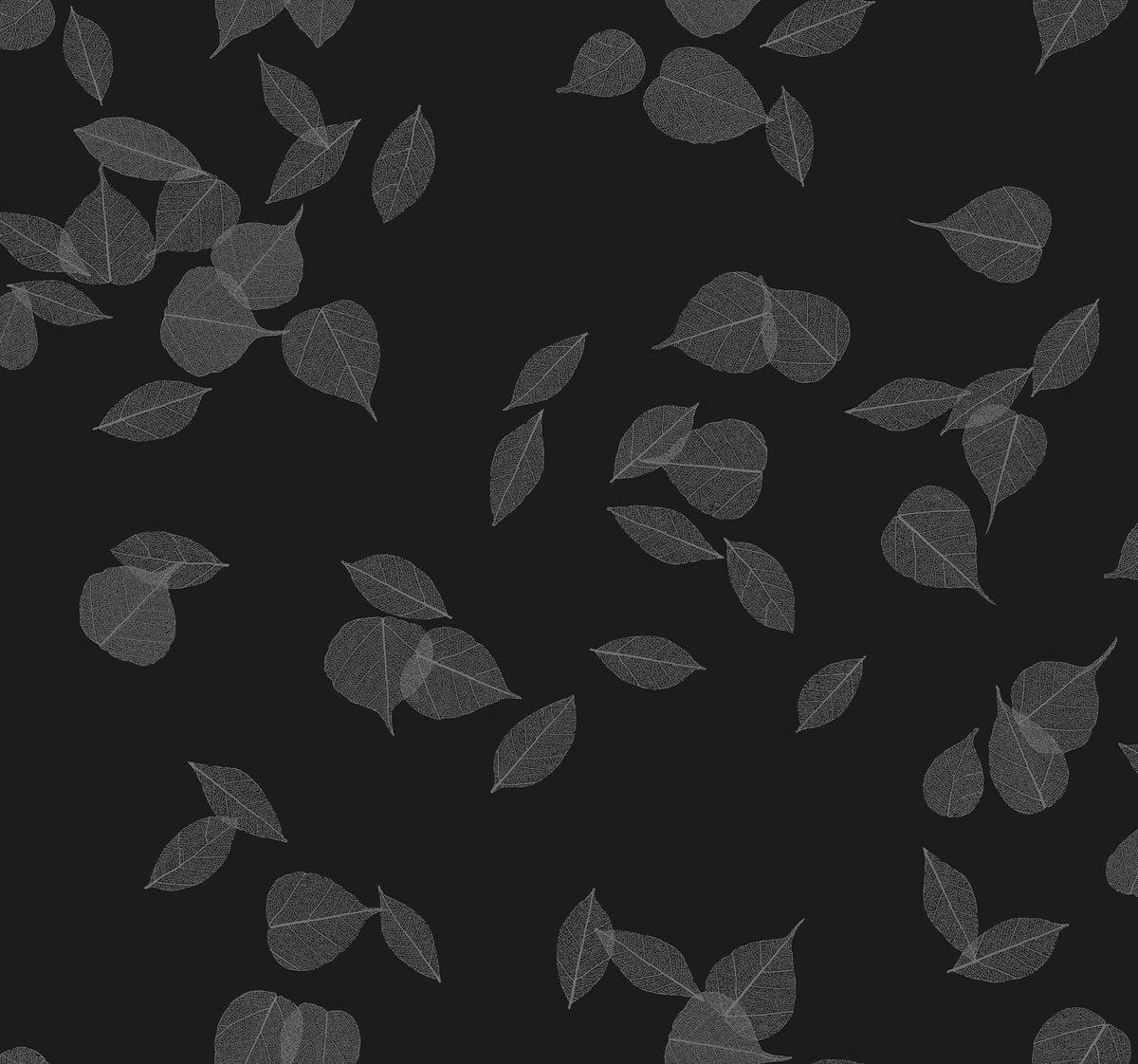 Myles Leaves Wallpaper featuring a pattern of translucent white leaf skeletons scattered across a black background.