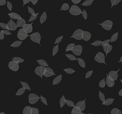 Myles Leaves Wallpaper featuring a pattern of translucent white leaf skeletons scattered across a black background.