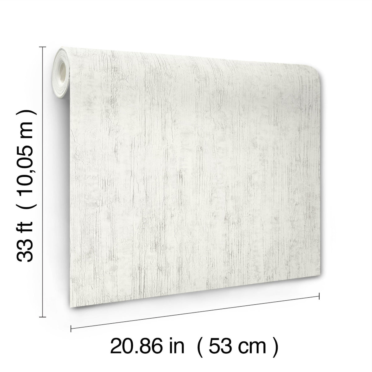 Chesapeake Ramona Distressed Texture Wallpaper by York Wallcoverings, shown upright with measurement labels, features a light-color design and comes in a roll measuring 33 ft (10.05 m) long and 20.86 in (53 cm) wide.