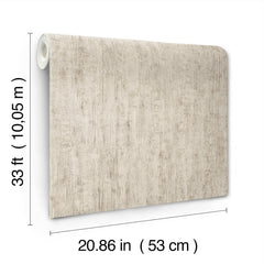 A roll of Chesapeake Ramona Distressed Texture Wallpaper by York Wallcoverings, in a beige textured finish, stands upright. Text indicates its dimensions: 33 ft (10.05 m) in height and 20.86 in (53 cm) in width.