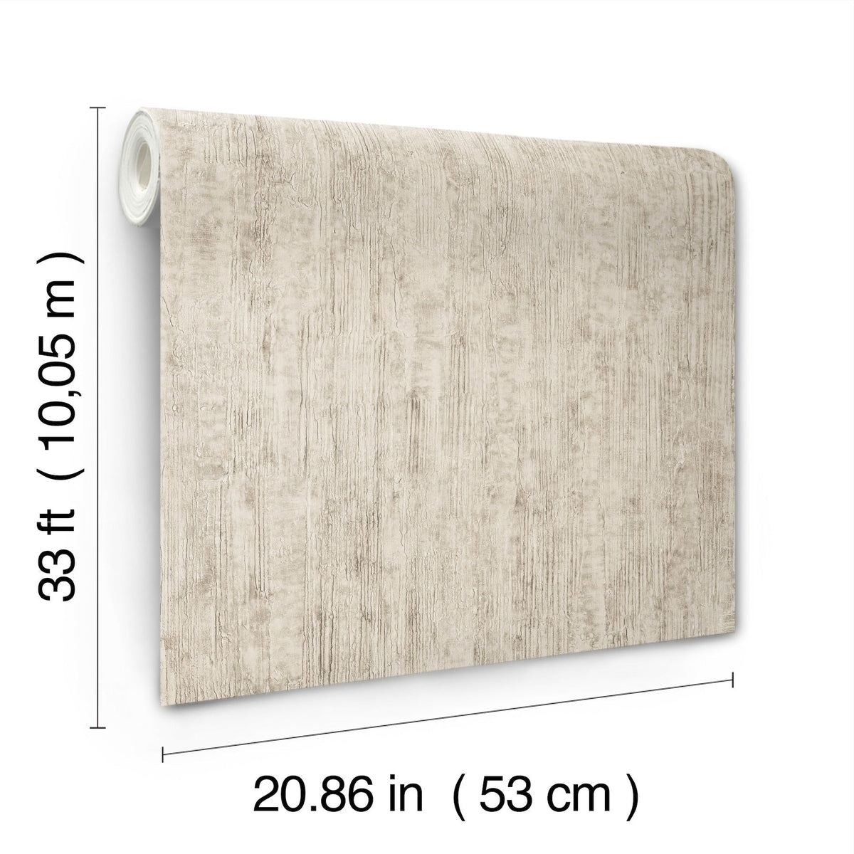 A roll of Chesapeake Ramona Distressed Texture Wallpaper by York Wallcoverings in beige is shown standing upright. Its dimensions are labeled: 33 ft (10.05 m) in length and 20.86 in (53 cm) in width.