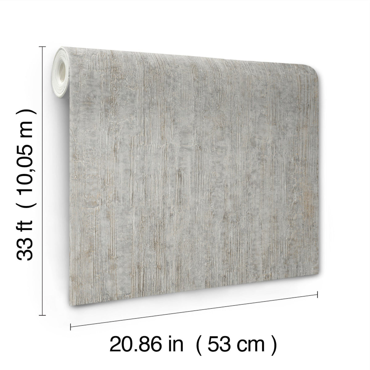 The Chesapeake Ramona Distressed Texture Wallpaper by York Wallcoverings is displayed upright. It measures 33 feet (10.05 meters) in length and 20.86 inches (53 centimeters) in width, featuring a gray, wood-like textured pattern.