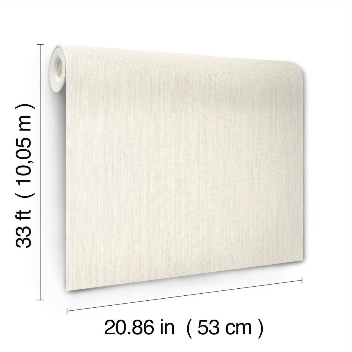 A Chesapeake Elijah Texture Wallpaper roll by York Wallcoverings, in beige, is displayed vertically. The dimensions are 33 ft (10.05 m) in length and 20.86 in (53 cm) in width, with measurements shown alongside the roll.