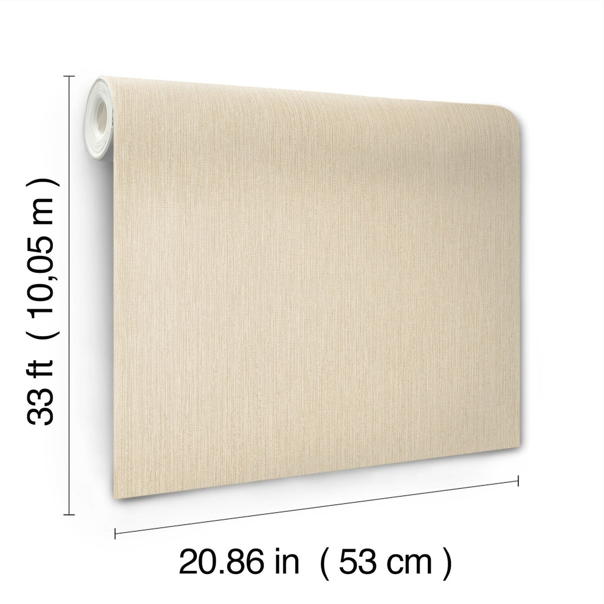 A beige roll of Chesapeake Elijah Texture Wallpaper by York Wallcoverings is displayed upright. Dimensions are labeled: 33 ft (10.05 m) long and 20.86 in (53 cm) wide.