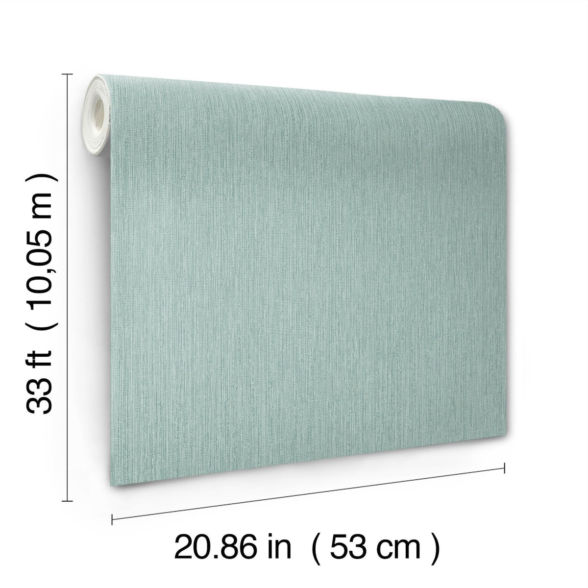 The image shows a roll of Chesapeake Elijah Texture Wallpaper by York Wallcoverings in a light blue color with a vertical texture. Each roll measures 33 ft (10.05 m) in length and 20.86 in (53 cm) in width.