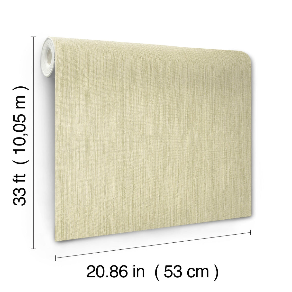 The Chesapeake Elijah Texture Wallpaper by York Wallcoverings is displayed upright. The beige roll measures 33 feet (10.05 meters) in length and 20.86 inches (53 cm) in width, with its dimensions clearly labeled on the image.