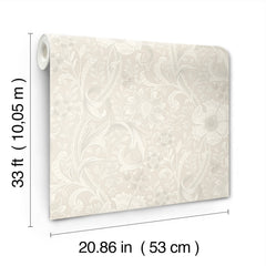 A roll of Chesapeake Liora Floral Trail Wallpaper by York Wallcoverings in beige with a floral design, measuring 33 feet (10.05 meters) long and 20.86 inches (53 cm) wide, shown alongside labeled measurements.