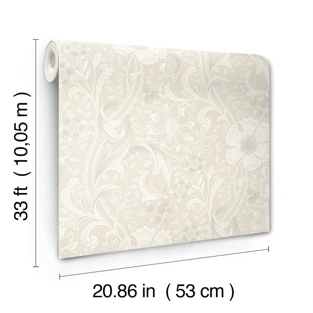 The Chesapeake Liora Floral Trail Wallpaper by York Wallcoverings is displayed in a beige color with a subtle floral and leaf pattern. Each roll measures 33 ft (10.05 m) in length and 20.86 in (53 cm) in width.