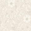 The Chesapeake Liora Floral Trail Wallpaper by York Wallcoverings features a beige and cream floral design with large, detailed flowers, leaves, and vines in a subtle, elegant vintage style.