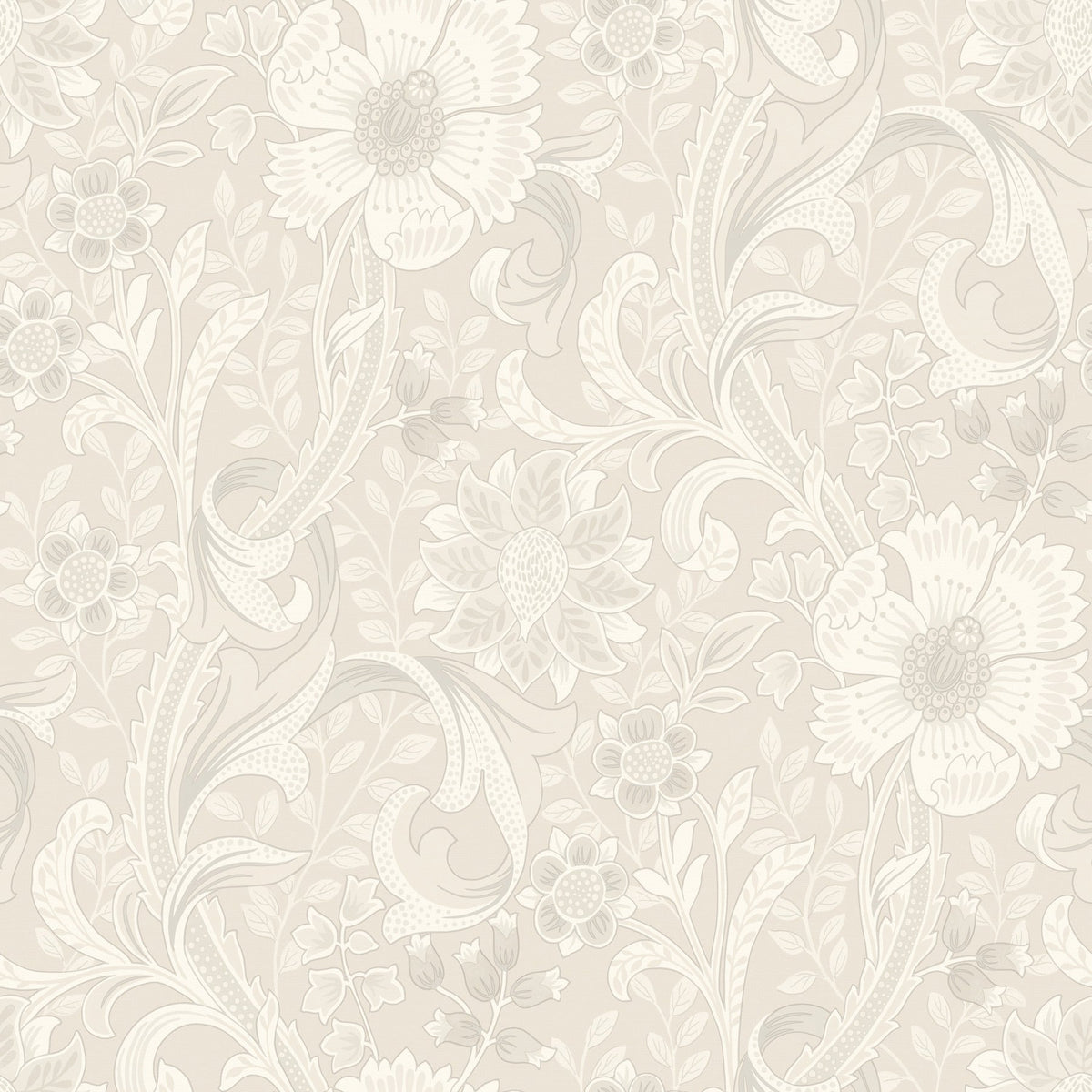 The Chesapeake Liora Floral Trail Wallpaper by York Wallcoverings features a beige and cream floral design with large, detailed flowers, leaves, and vines in a subtle, elegant vintage style.