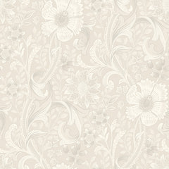 The Chesapeake Liora Floral Trail Wallpaper by York Wallcoverings features a beige and cream floral design with large, detailed flowers, leaves, and vines in a subtle, elegant vintage style.