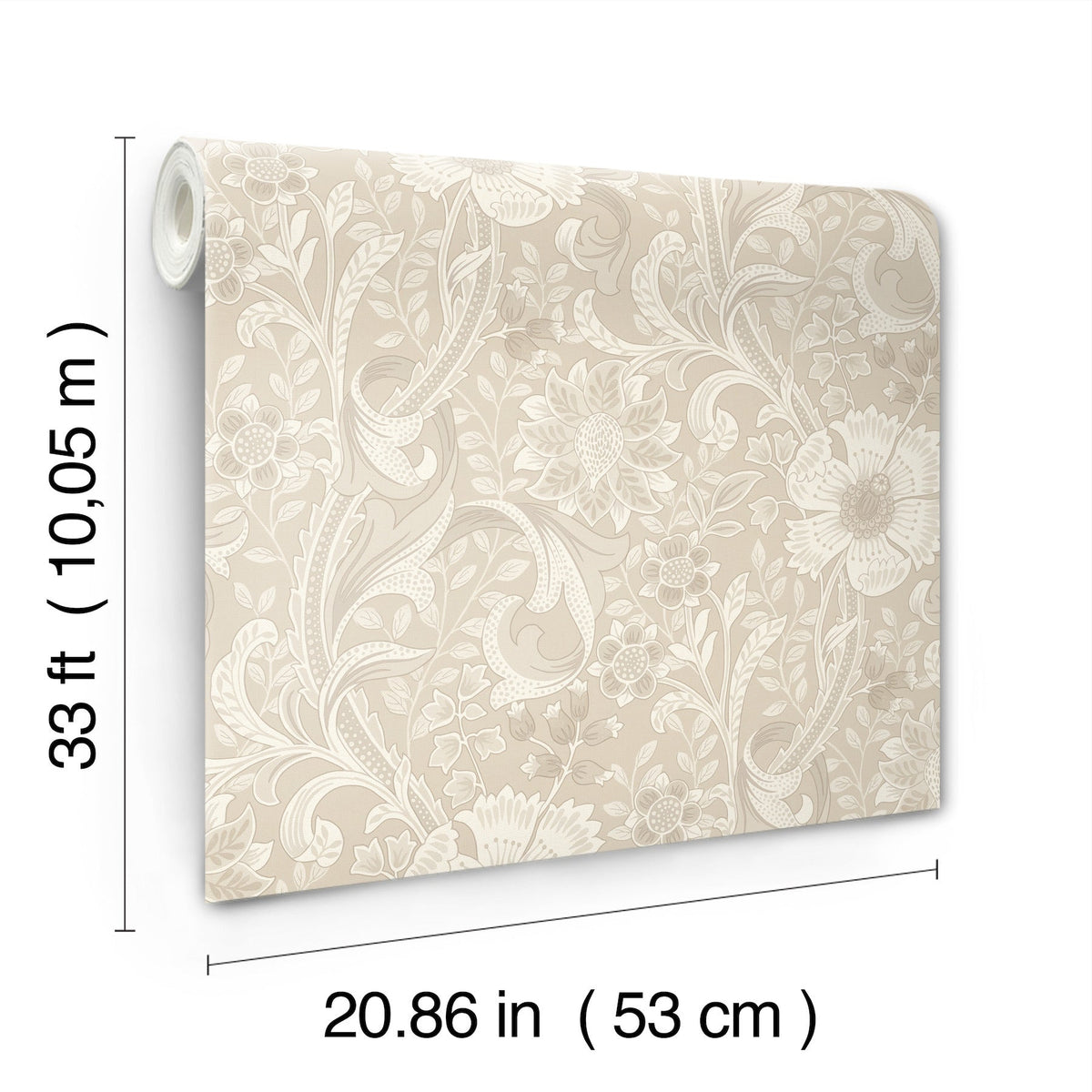 Chesapeake Liora Floral Trail Wallpaper by York Wallcoverings features a detailed beige leaf and flower pattern; each roll measures 33 feet (10.05m) long and 20.86 inches (53cm) wide.