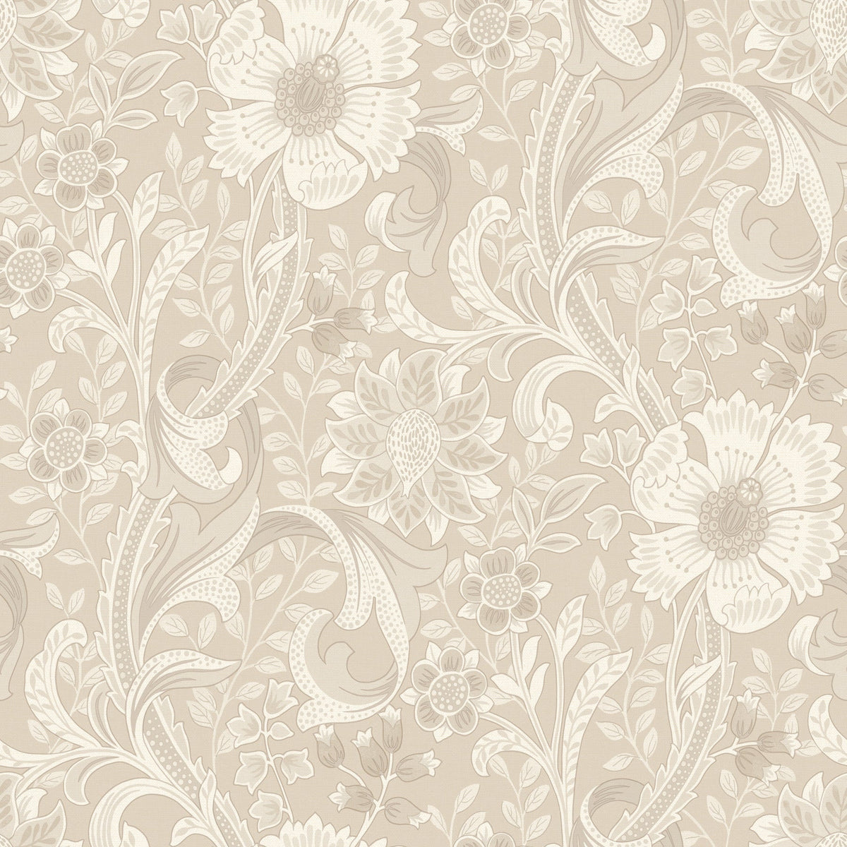The Chesapeake Liora Floral Trail Wallpaper by York Wallcoverings features an elegant, classic design with intricate vintage floral patterns and leaves in beige and cream tones.