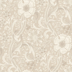 The Chesapeake Liora Floral Trail Wallpaper by York Wallcoverings features an elegant, classic design with intricate vintage floral patterns and leaves in beige and cream tones.