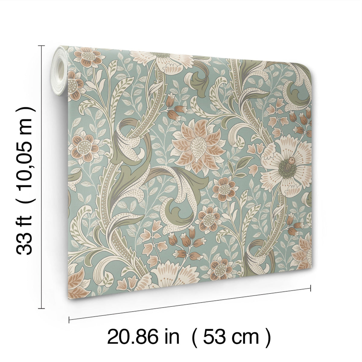 The Chesapeake Liora Floral Trail Wallpaper by York Wallcoverings features a green, beige, and white floral pattern and comes in a roll measuring 33 ft (10.05 m) long by 20.86 in (53 cm) wide.