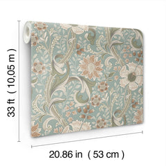 The Chesapeake Liora Floral Trail Wallpaper by York Wallcoverings features a green, beige, and white floral pattern and comes in a roll measuring 33 ft (10.05 m) long by 20.86 in (53 cm) wide.