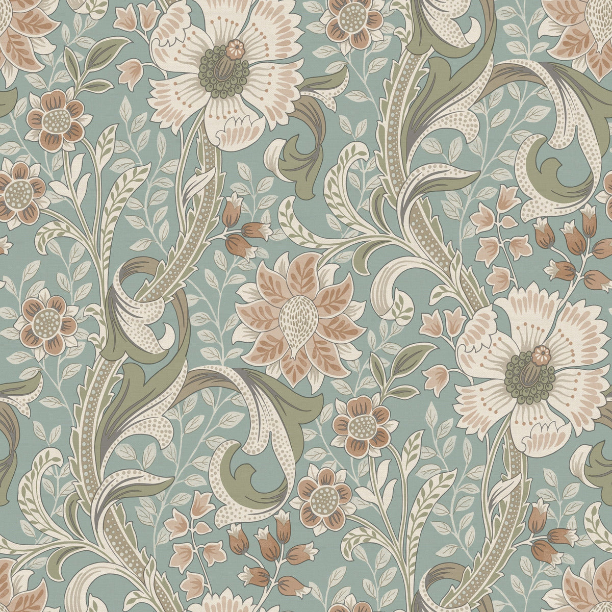 Introducing the Chesapeake Liora Floral Trail Wallpaper by York Wallcoverings—an intricate, vintage-inspired design featuring beige, brown, and cream flowers with green leaves and vines set against a muted teal background.
