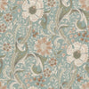 The Chesapeake Liora Floral Trail Wallpaper by York Wallcoverings features a Victorian-style intricate botanical design with large cream and beige flowers, green leaves, and swirling vines set against a muted teal background.