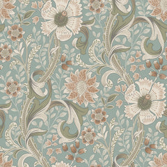 The Chesapeake Liora Floral Trail Wallpaper by York Wallcoverings features a Victorian-style intricate botanical design with large cream and beige flowers, green leaves, and swirling vines set against a muted teal background.