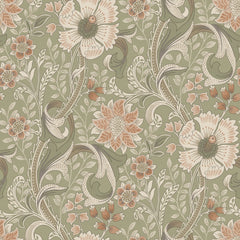 The Chesapeake Liora Floral Trail Wallpaper by York Wallcoverings features a vintage-inspired, symmetrical design with large cream and peach flowers, green leaves, and swirling vines set against a muted green background.