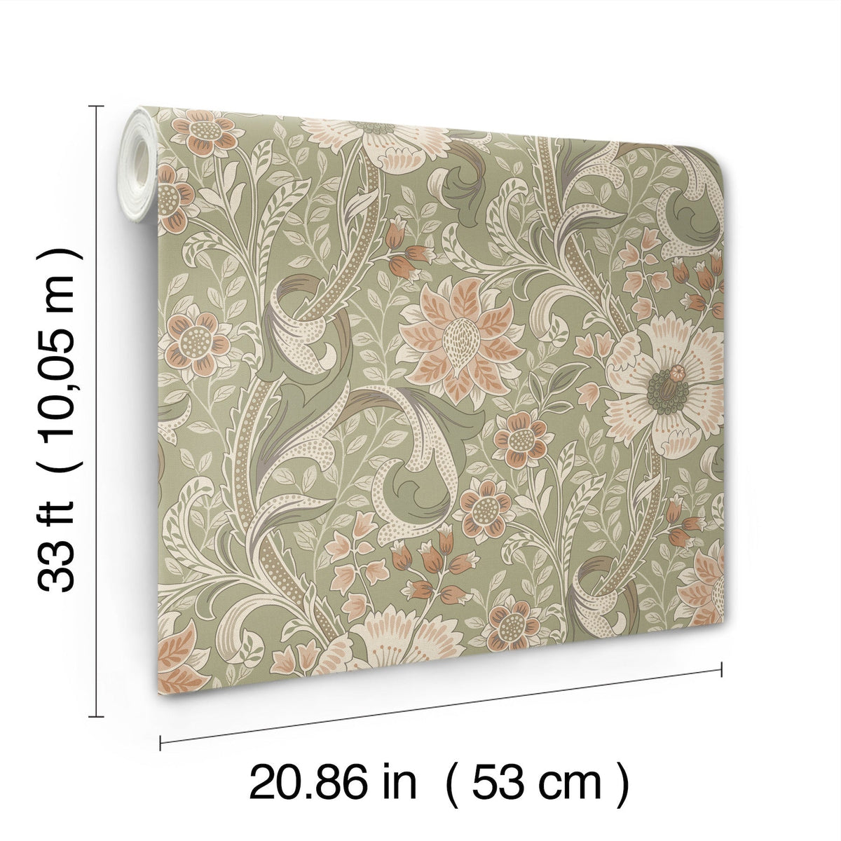 The Chesapeake Liora Floral Trail Wallpaper by York Wallcoverings features a green, orange, and beige floral pattern and comes in rolls measuring 33 ft (10.05 m) long and 20.86 in (53 cm) wide.
