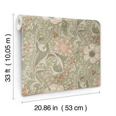 The Chesapeake Liora Floral Trail Wallpaper by York Wallcoverings features a green, orange, and beige floral pattern and comes in rolls measuring 33 ft (10.05 m) long and 20.86 in (53 cm) wide.