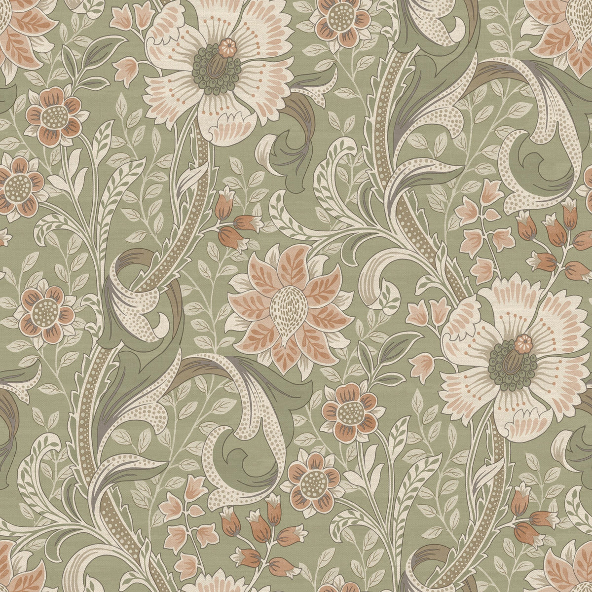 Introducing the Chesapeake Liora Floral Trail Wallpaper by York Wallcoverings: an intricate and symmetrical vintage-inspired design featuring large cream and peach flowers, green leaves, and swirling vines set against a muted sage green background.